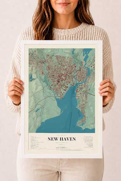 New Haven, Connecticut map print, 12" x 18", W/ White Ayous Wood Frame