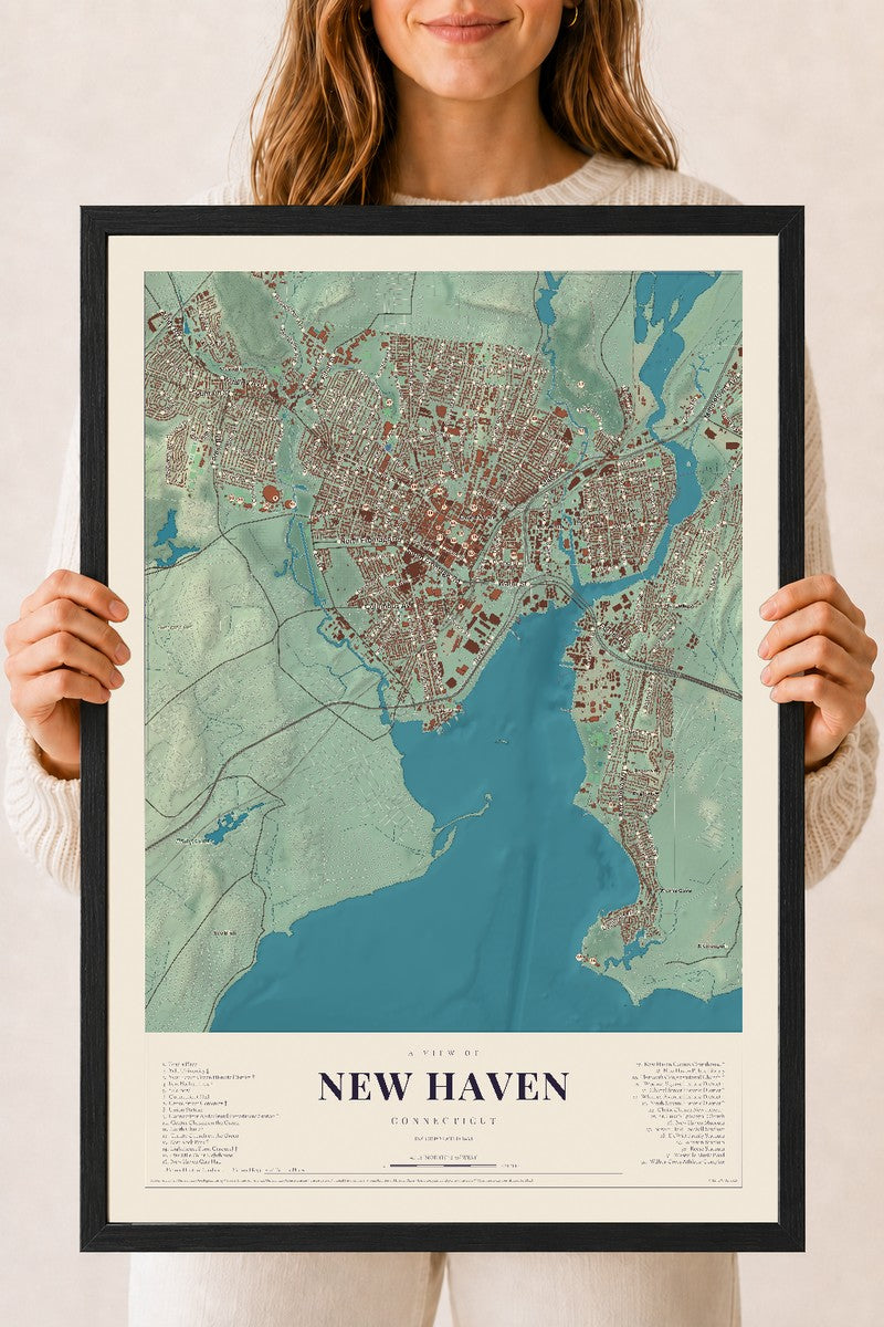 New Haven, Connecticut map print, 18" x 24", W/ Black Ayous Wood Frame