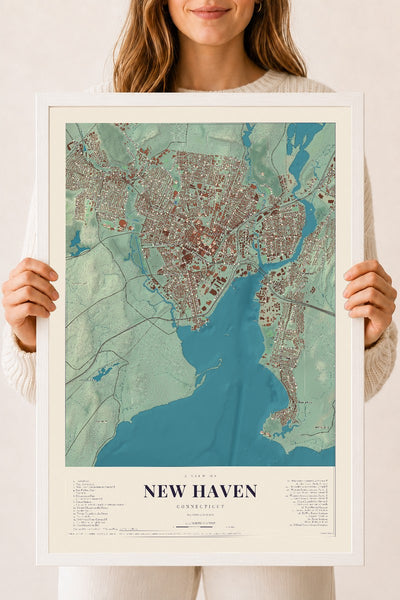 New Haven, Connecticut map print, 18" x 24", W/ White Ayous Wood Frame