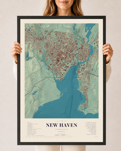 New Haven, Connecticut map print, 24" x 36", W/ Black Ayous Wood Frame