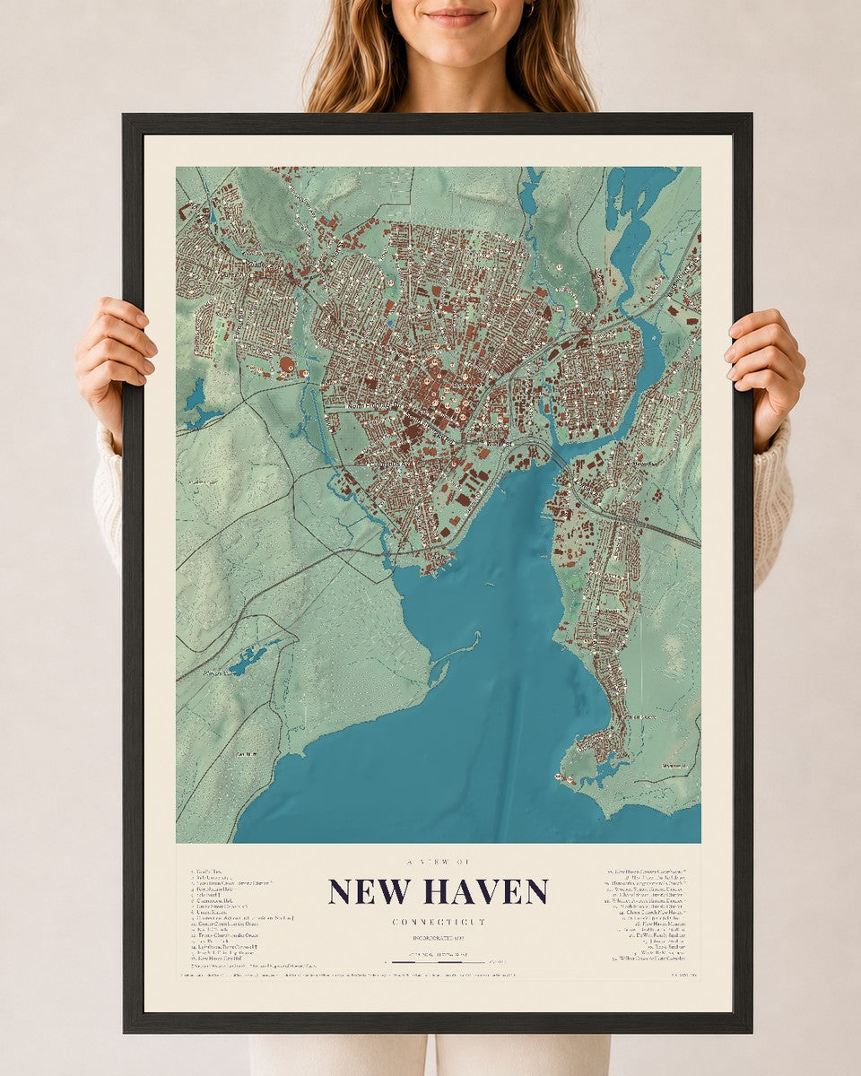 New Haven, Connecticut map print, 24" x 36", W/ Black Ayous Wood Frame