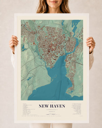 New Haven, Connecticut map print, 24" x 36", W/ White Ayous Wood Frame