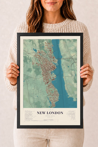 New London, Connecticut map print, 12" x 18", W/ Black Ayous Wood Frame