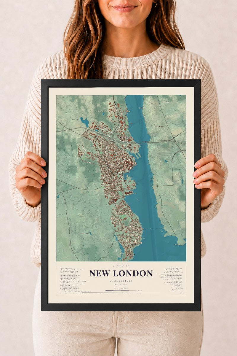 New London, Connecticut map print, 12" x 18", W/ Black Ayous Wood Frame