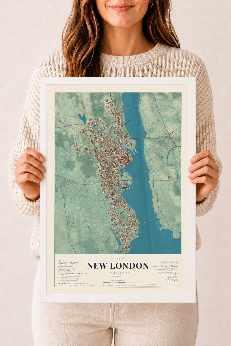 New London, Connecticut map print, 12" x 18", W/ White Ayous Wood Frame