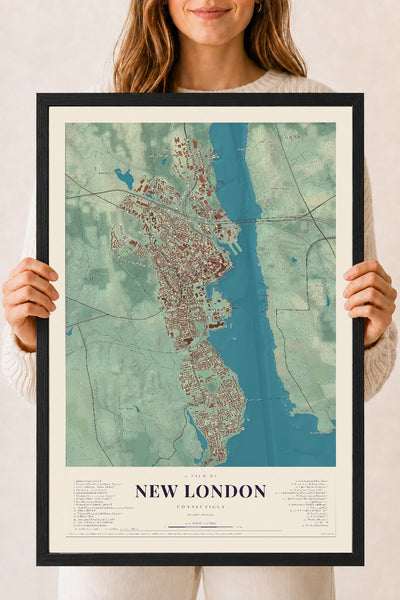 New London, Connecticut map print, 18" x 24", W/ Black Ayous Wood Frame