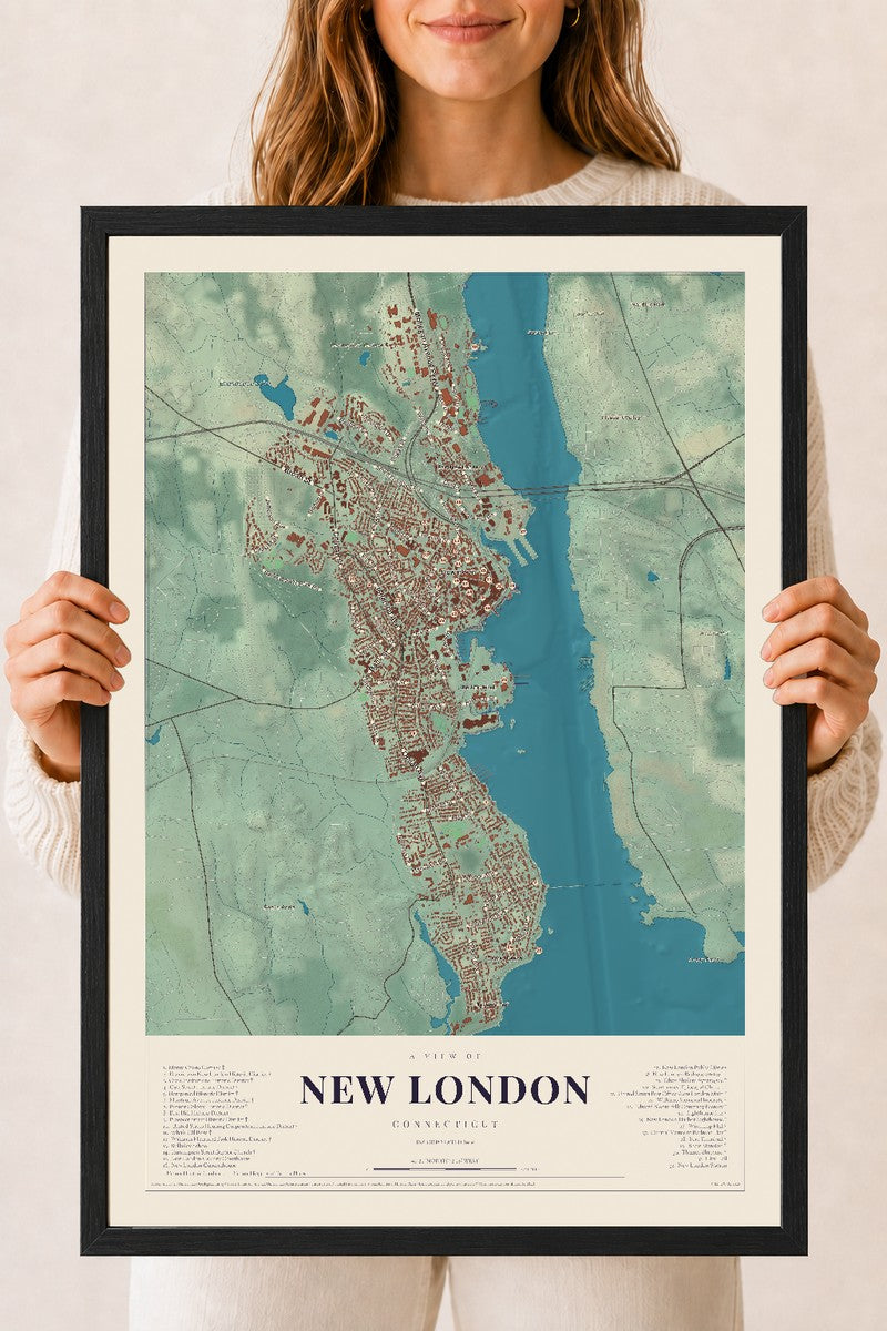 New London, Connecticut map print, 18" x 24", W/ Black Ayous Wood Frame