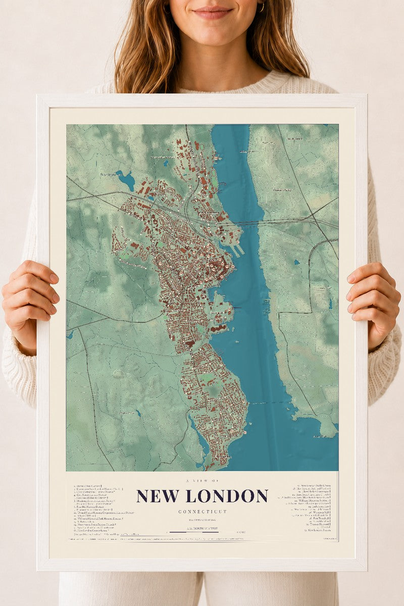 New London, Connecticut map print, 18" x 24", W/ White Ayous Wood Frame