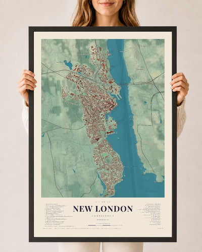 New London, Connecticut map print, 24" x 36", W/ Black Ayous Wood Frame