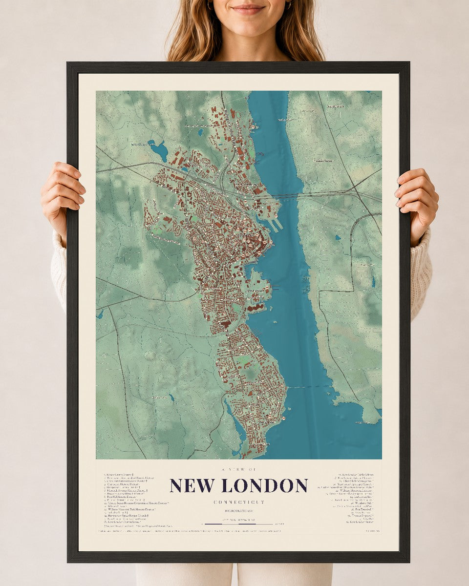 New London, Connecticut map print, 24" x 36", W/ Black Ayous Wood Frame