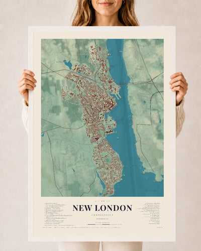 New London, Connecticut map print, 24" x 36", W/ White Ayous Wood Frame