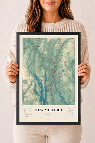 New Milford, Connecticut map print, 12" x 18", W/ Black Ayous Wood Frame