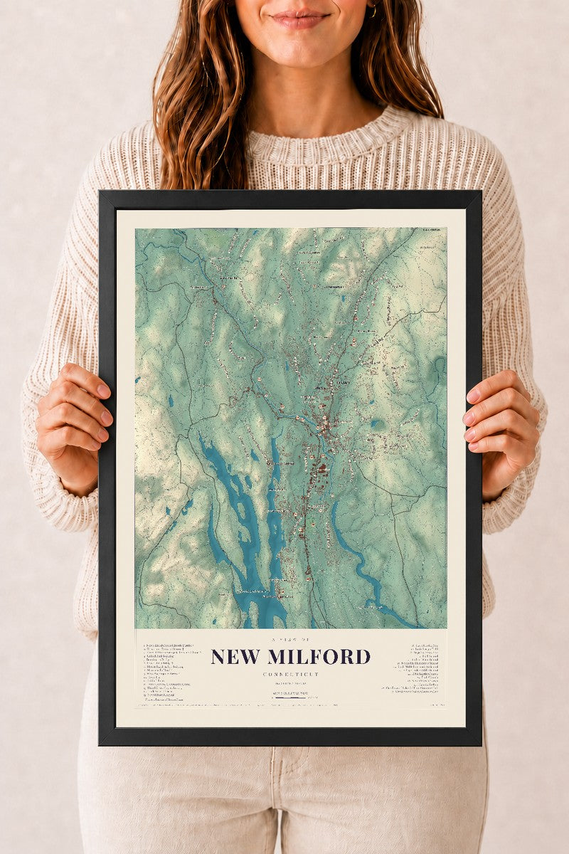New Milford, Connecticut map print, 12" x 18", W/ Black Ayous Wood Frame