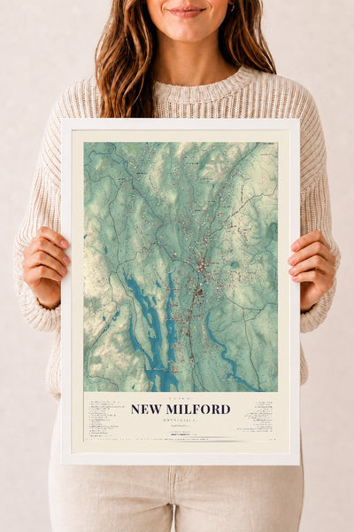 New Milford, Connecticut map print, 12" x 18", W/ White Ayous Wood Frame
