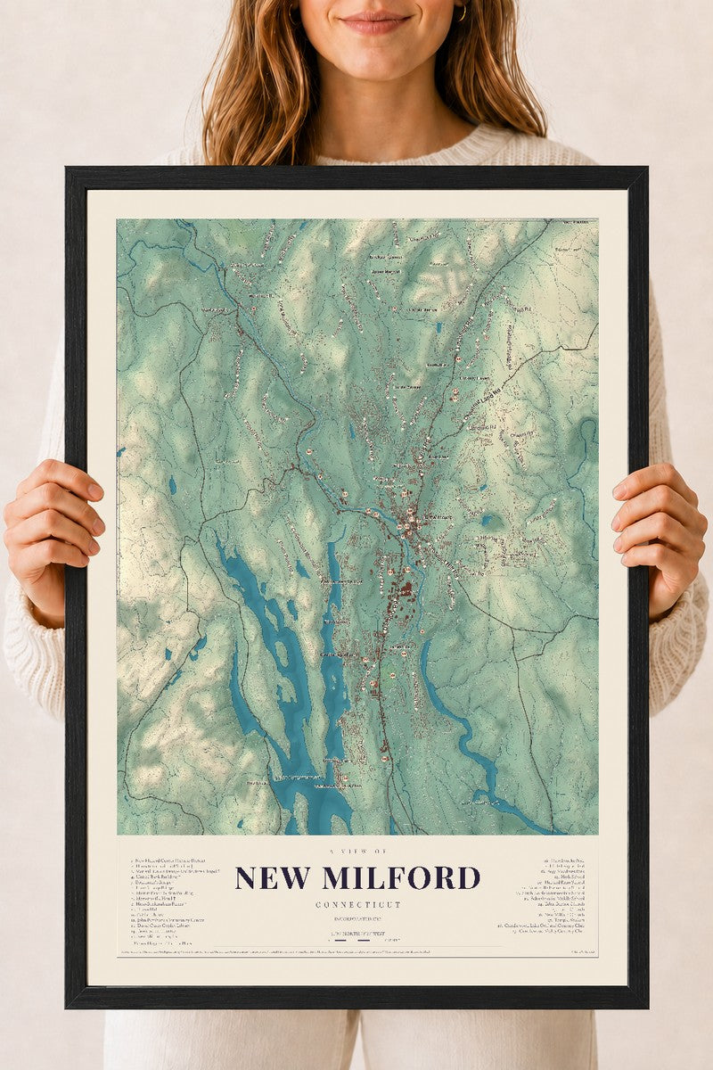 New Milford, Connecticut map print, 18" x 24", W/ Black Ayous Wood Frame