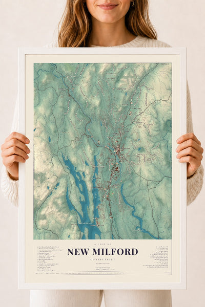 New Milford, Connecticut map print, 18" x 24", W/ White Ayous Wood Frame