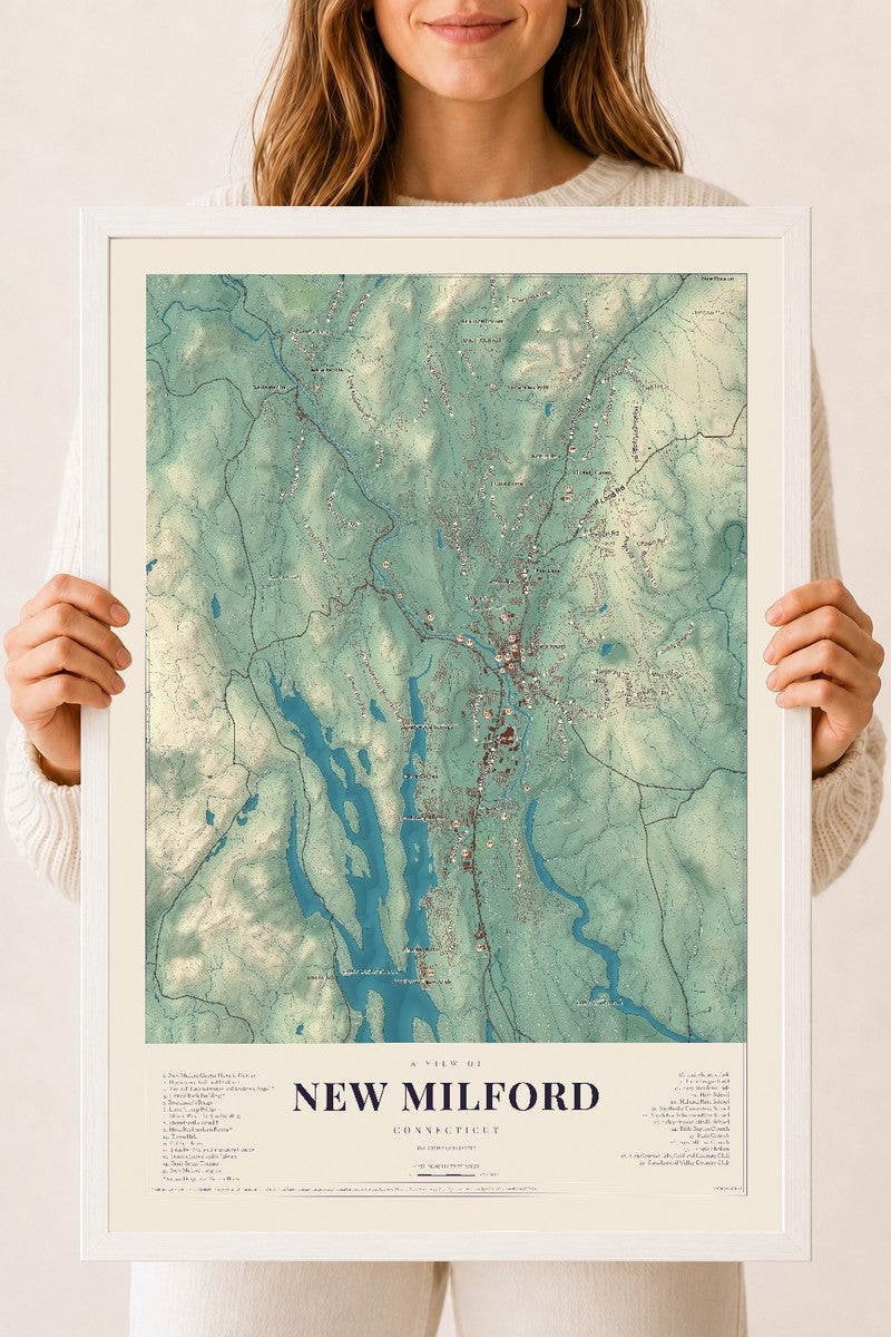 New Milford, Connecticut map print, 18" x 24", W/ White Ayous Wood Frame