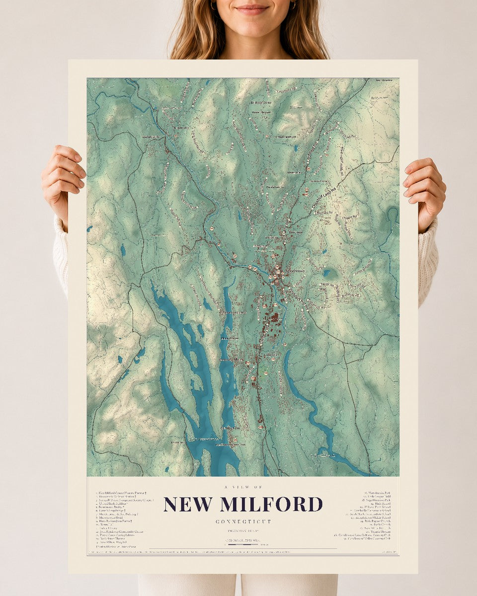 New Milford, Connecticut map print, 24" x 36", Archival Matte Print