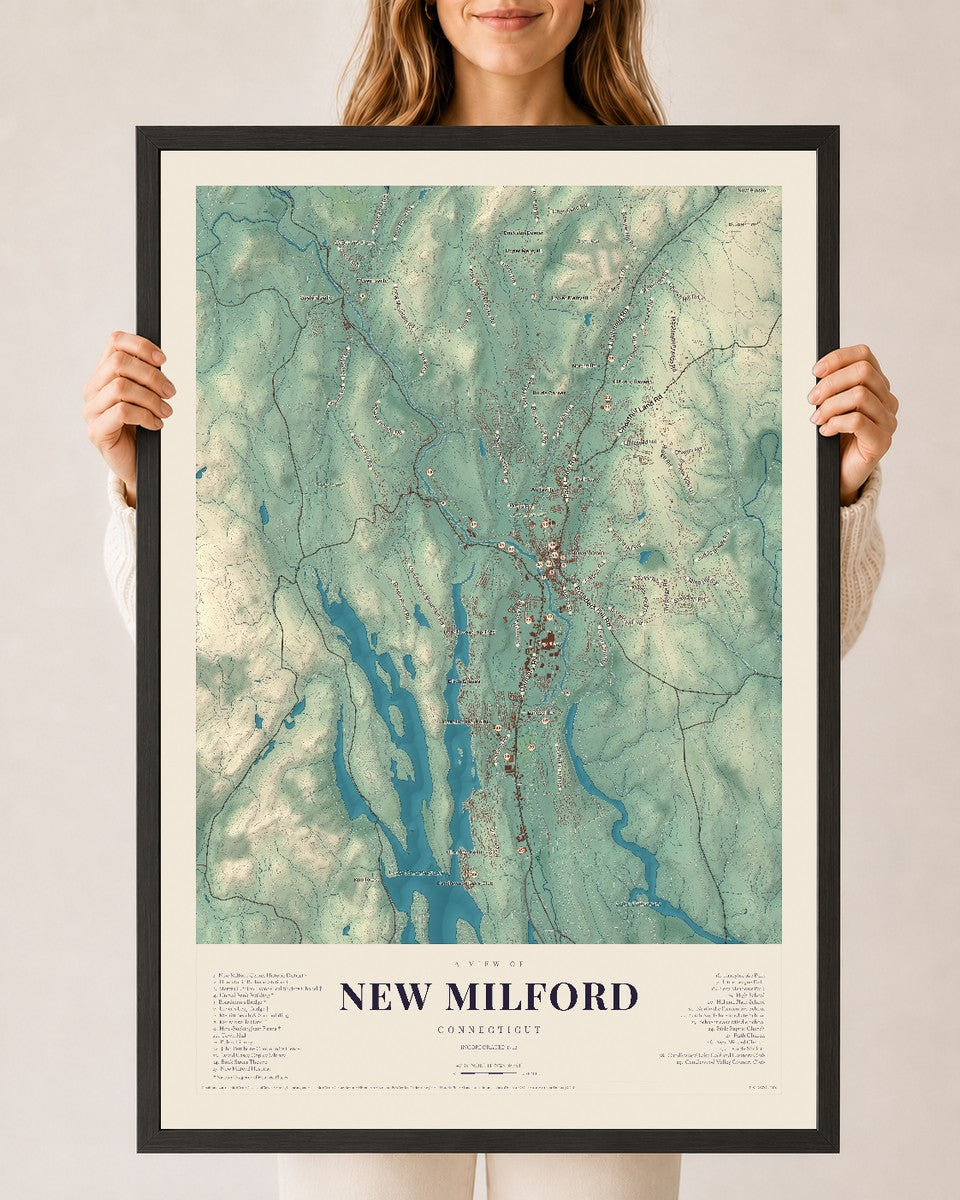 New Milford, Connecticut map print, 24" x 36", W/ Black Ayous Wood Frame