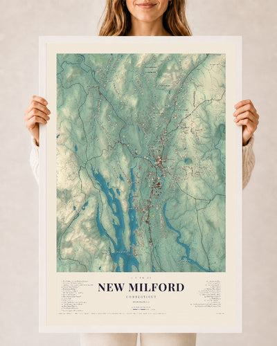 New Milford, Connecticut map print, 24" x 36", W/ White Ayous Wood Frame