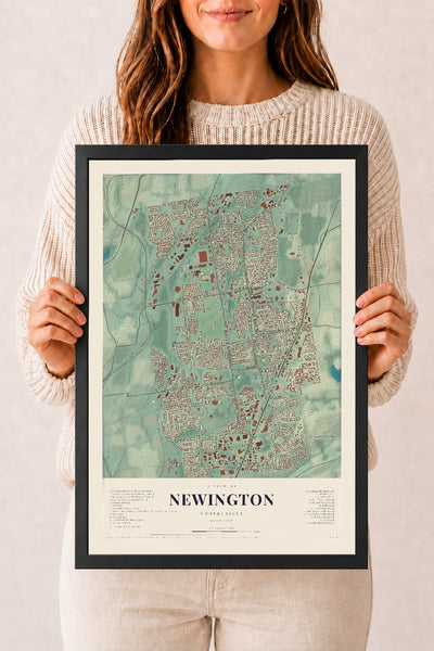 Newington, Connecticut map print, 12" x 18", W/ Black Ayous Wood Frame