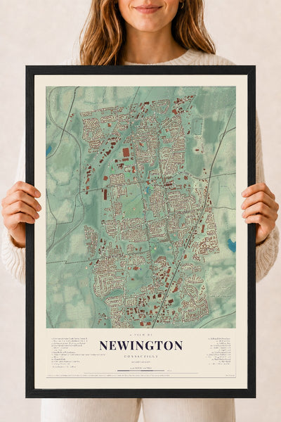 Newington, Connecticut map print, 18" x 24", W/ Black Ayous Wood Frame