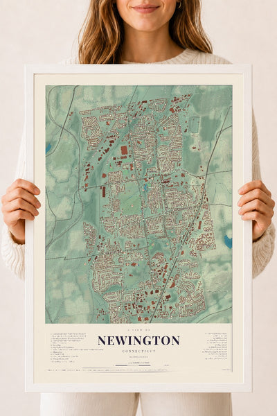 Newington, Connecticut map print, 18" x 24", W/ White Ayous Wood Frame