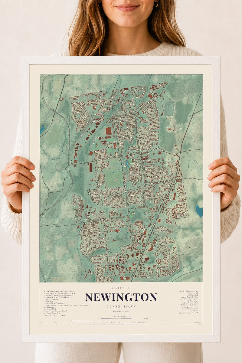 Newington, Connecticut map print, 18" x 24", W/ White Ayous Wood Frame