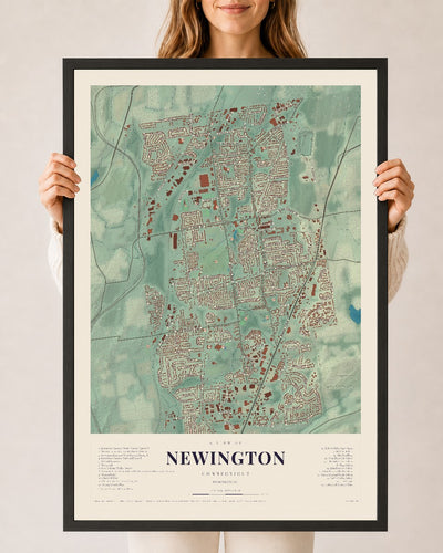 Newington, Connecticut map print, 24" x 36", W/ Black Ayous Wood Frame