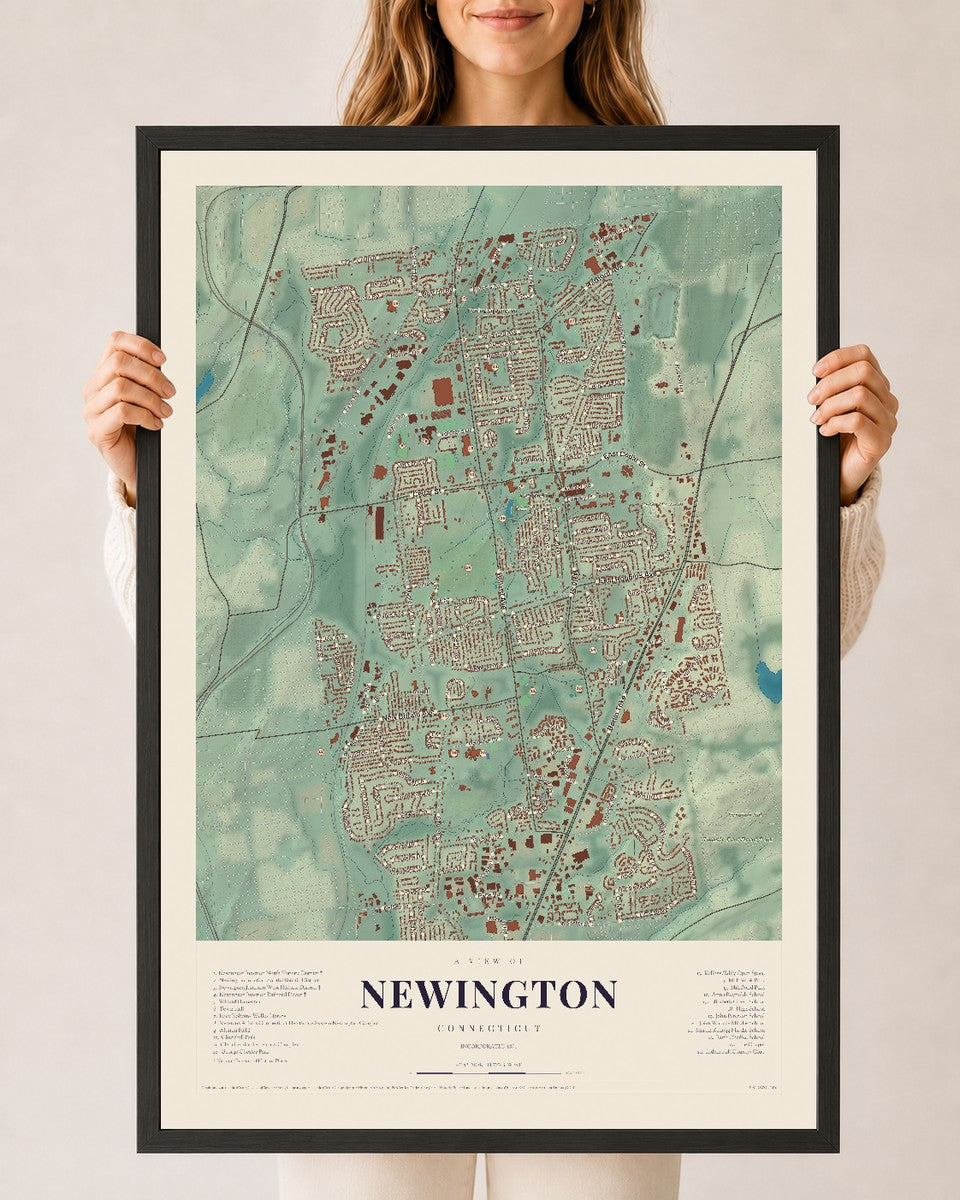 Newington, Connecticut map print, 24" x 36", W/ Black Ayous Wood Frame