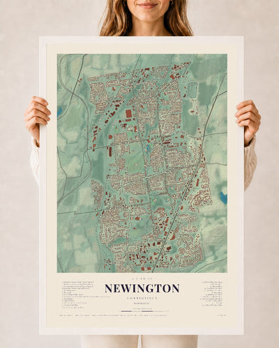 Newington, Connecticut map print, 24" x 36", W/ White Ayous Wood Frame