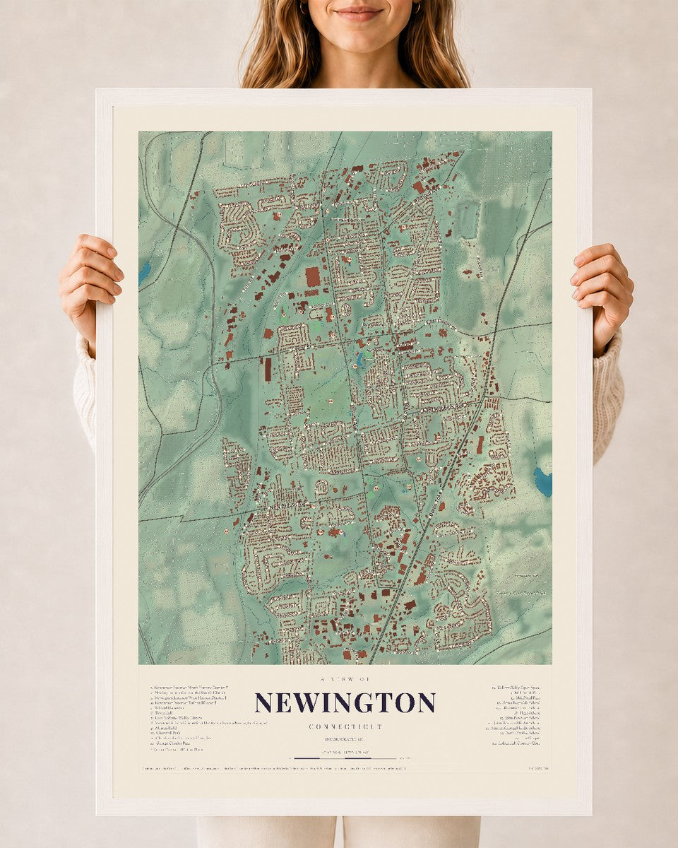 Newington, Connecticut map print, 24" x 36", W/ White Ayous Wood Frame