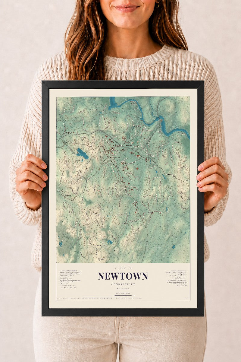 Newtown, Connecticut map print, 12" x 18", W/ Black Ayous Wood Frame