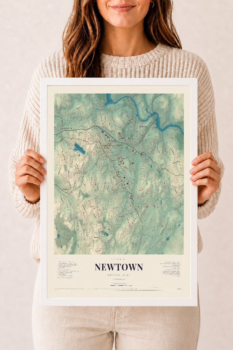 Newtown, Connecticut map print, 12" x 18", W/ White Ayous Wood Frame