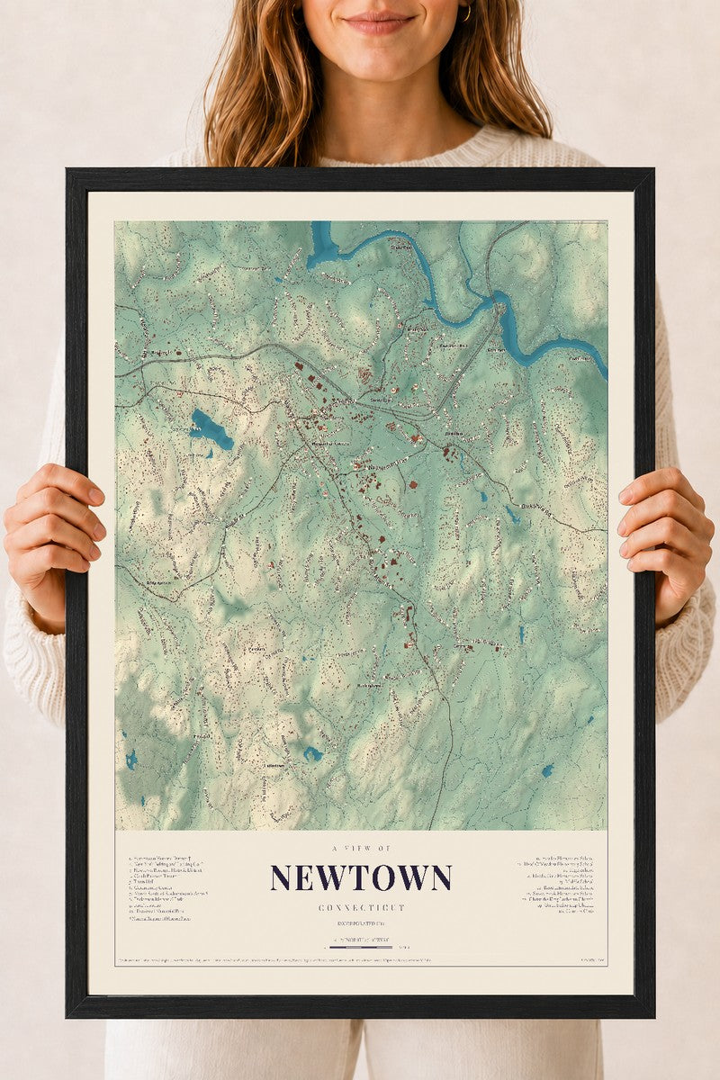 Newtown, Connecticut map print, 18" x 24", W/ Black Ayous Wood Frame