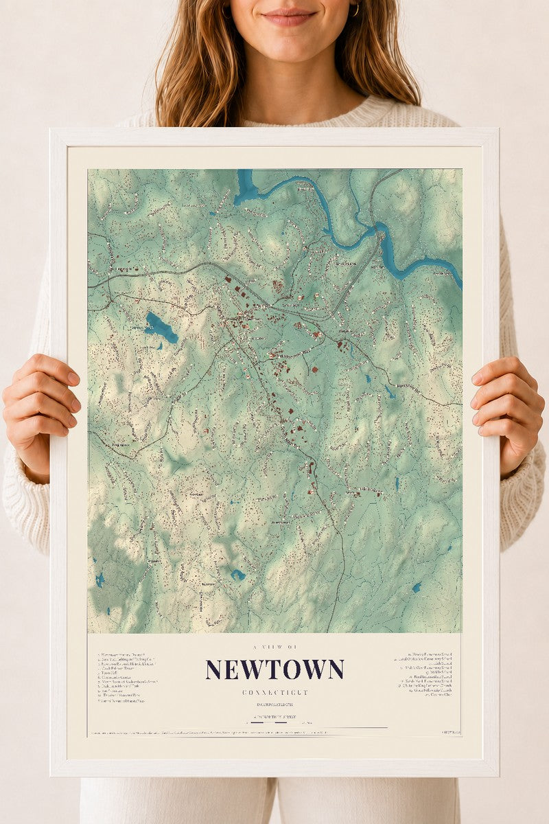 Newtown, Connecticut map print, 18" x 24", W/ White Ayous Wood Frame