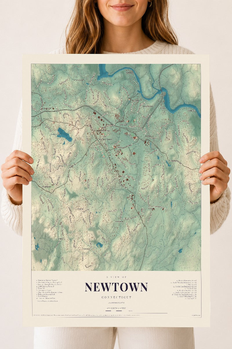 Newtown, Connecticut map print, 18" x 24", Archival Matte Print