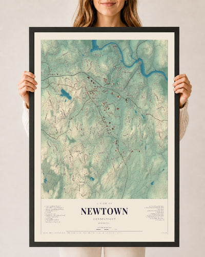 Newtown, Connecticut map print, 24" x 36", W/ Black Ayous Wood Frame