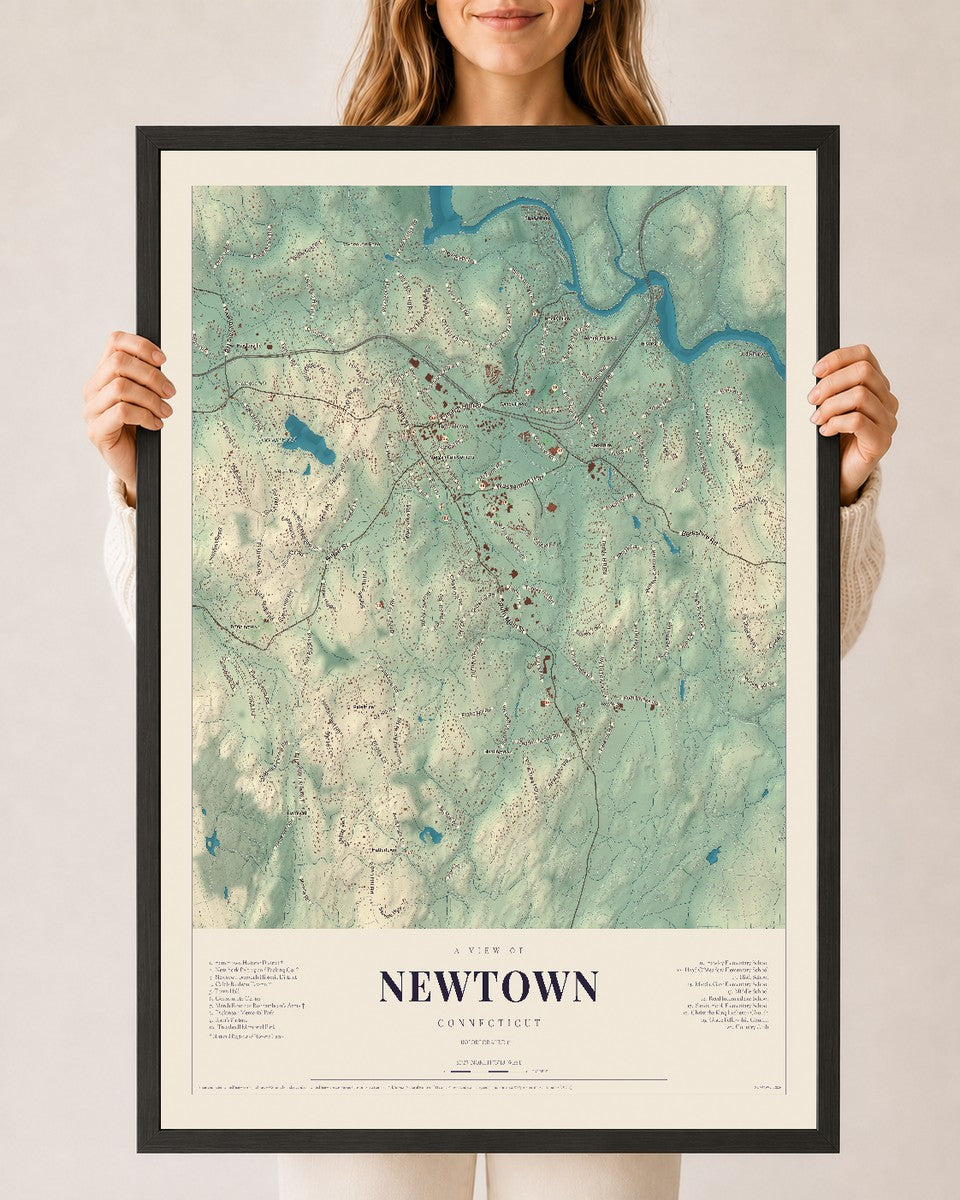 Newtown, Connecticut map print, 24" x 36", W/ Black Ayous Wood Frame