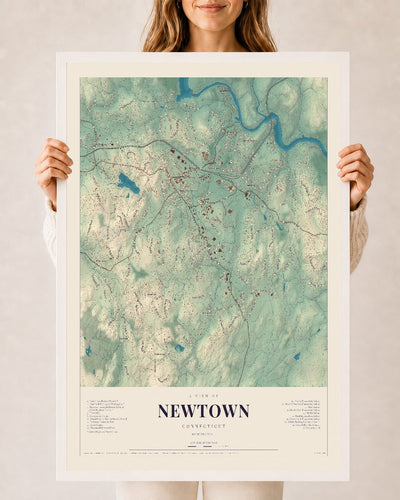 Newtown, Connecticut map print, 24" x 36", W/ White Ayous Wood Frame