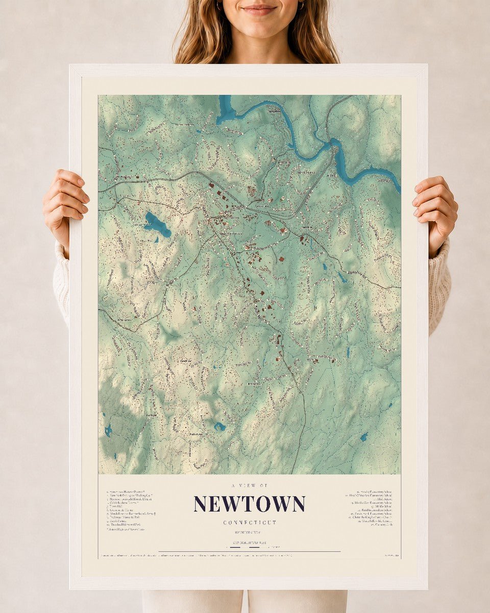 Newtown, Connecticut map print, 24" x 36", W/ White Ayous Wood Frame
