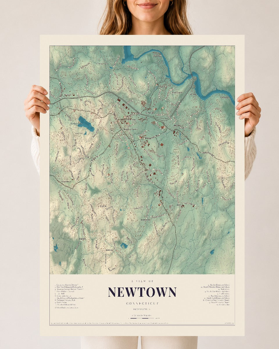 Newtown, Connecticut map print, 24" x 36", Archival Matte Print