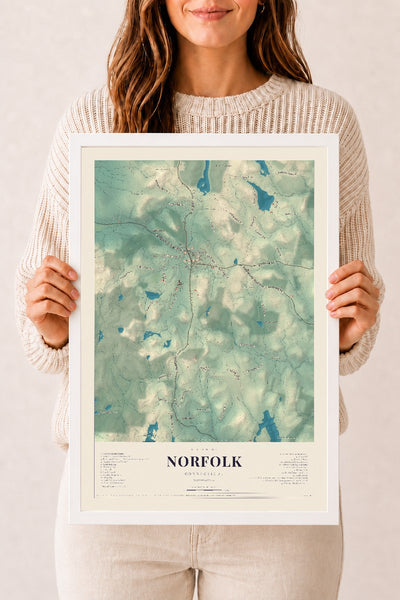 Norfolk, Connecticut map print, 12" x 18", W/ White Ayous Wood Frame