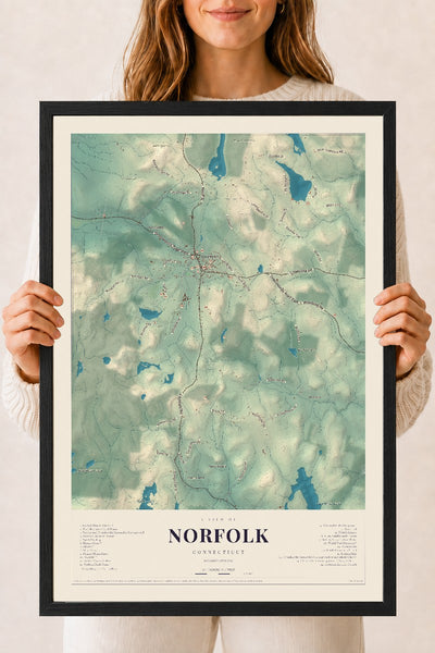 Norfolk, Connecticut map print, 18" x 24", W/ Black Ayous Wood Frame