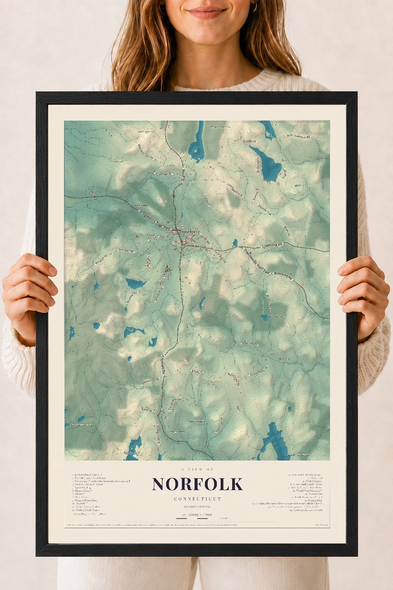 Norfolk, Connecticut map print, 18" x 24", W/ Black Ayous Wood Frame