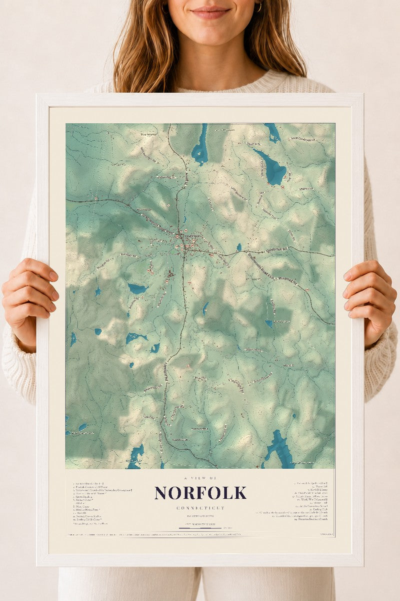 Norfolk, Connecticut map print, 18" x 24", W/ White Ayous Wood Frame