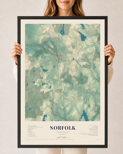 Norfolk, Connecticut map print, 24" x 36", W/ Black Ayous Wood Frame