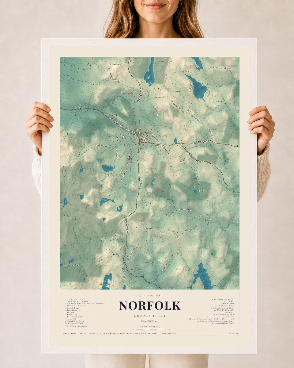 Norfolk, Connecticut map print, 24" x 36", W/ White Ayous Wood Frame