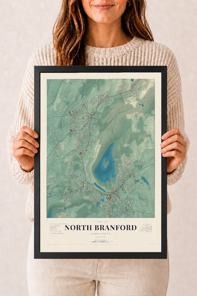 North Branford, Connecticut map print, 12" x 18", W/ Black Ayous Wood Frame
