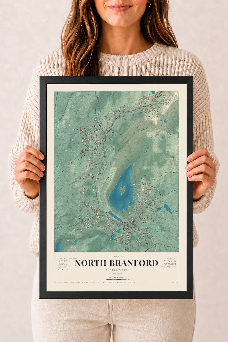 North Branford, Connecticut map print, 12" x 18", W/ Black Ayous Wood Frame
